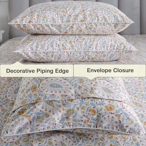 Image of Vintage Paisley Pattern Percale Sheets King Size, Light Beige Shabby Floral Chic Toile Bed Sheets, Soft Crisp 100% Cotton Deep Pocket Cozy House Sheet Set, Luxury Cottage Core Bedding, 4Pcs