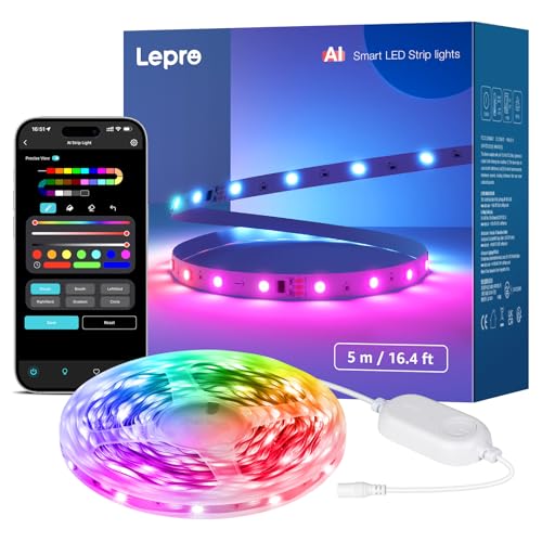 Lepro S1 IA Ruban LED Connecté 5M, Concepteur d'Éclairage IA Personnalisé, Bande LED Wifi RGB+IC...
