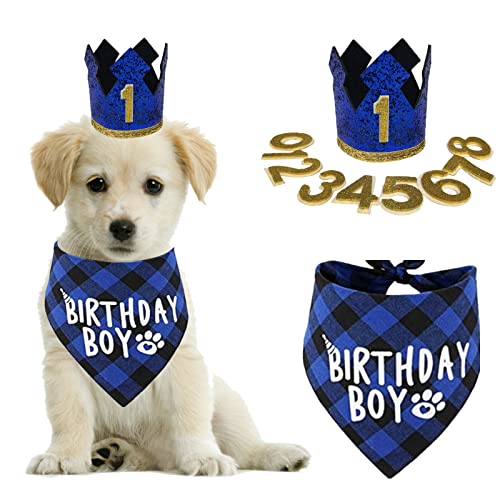 Suministros para fiestas de cumpleaños para perros, juego de bandana y sombrero de cumpleaños para perros, con números, reutilizables, gorras triangulares, bufandas para mascotas Cover