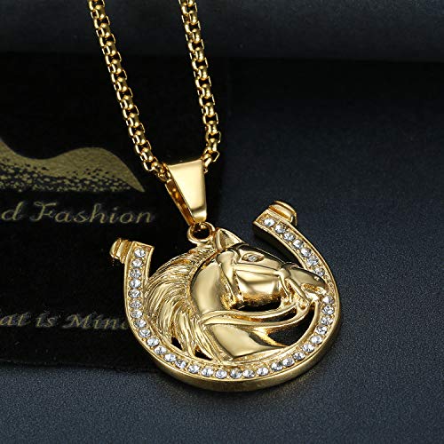 18K Gold Plated Lucky Horse Pendant Punk Rock Stainless Steel Necklace for Men Women, 24 Inch Chain Horseshoe Party Jewelry Gift3