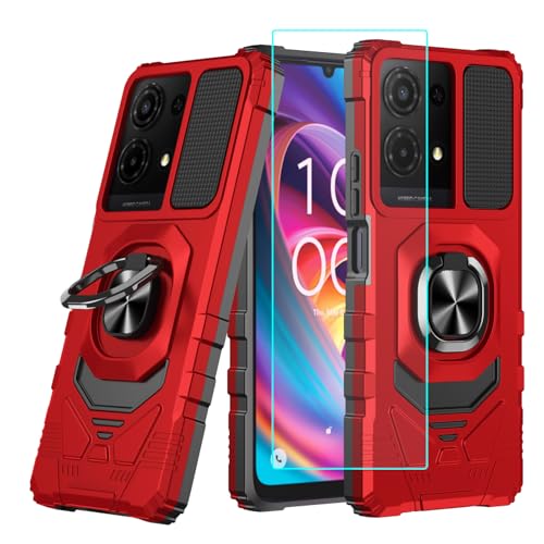 for TCL K32 5G / K33 5G Case with 1 Pack Screen Protector,Dual Layer Hybrid Heavy Duty Defender Protection,Sleek Rugged Reinforced Cushion Corner Kickstand Shockproof Bumper Cover Red