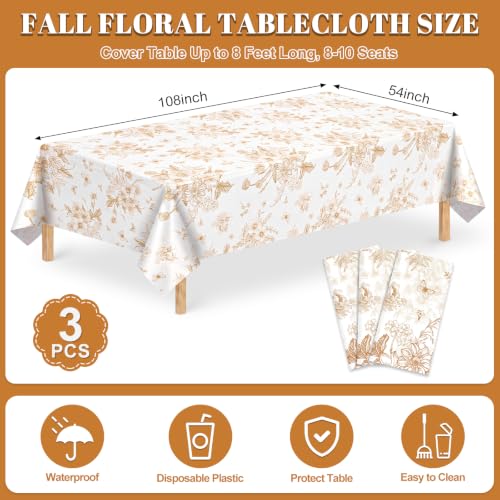 Image of NatNarr 3 Pcs Orange Floral Plastic Tablecloths, 54 X 108Inch Fall Party Tablecloth Disposable Table Cloth Orange and White Porcelain Tables Decor for Autumn Dinner Harvest Wedding Birthday Picnic