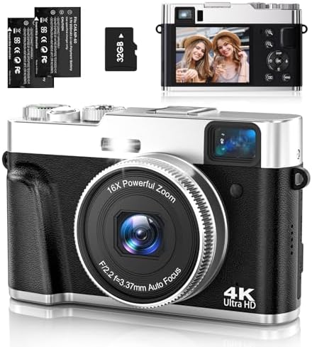 Andoer Fotocamera digitale 4K Videocamera digitale portatile Fotocamera digitale Fotocamera digitale compatta 48Mp Schermo Ips da 2,8 pollici Zoom 16X Batteria incorporata Compleanno Per Adolescenti