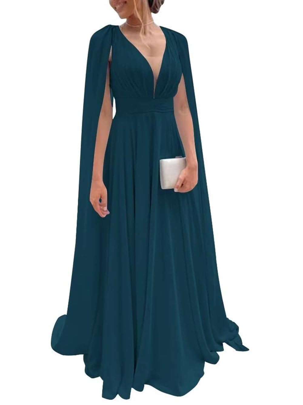 Chiffon Bridesmaid Dress for Women Cape Sleeve V-Neck Formal Evening Gowns with Pocket LBC020