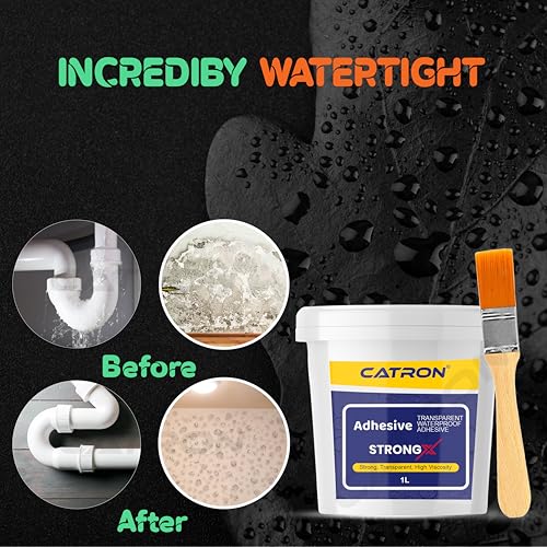 Image of Catron 1L /1Kg Transparent Waterproof Glue with Brush for Crack Seal, Roof Water Leakage Solution, Indoor and Outdoor Epoxy Resin Adhesive Strongx Sealant | for Bathroom, Walls, Tiles and Pipes