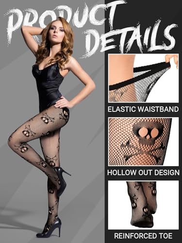 6 Pairs Women Fishnet Stocking, Black Tight Skull Spider Web Legging Tight Goth Fishnets Patterned Fishnet Tights High Waist Lace Pantyhose for Women Halloween3