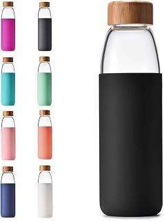 25 Oz Borosilicate Glass Water Bottles with Bamboo Lid, BPA-FREE, Non-Slip Silicone Sleeve, and Stainless Steel Leak Proof Lid - Reusable Glass Bottle for Men and Women (Luxury Black)