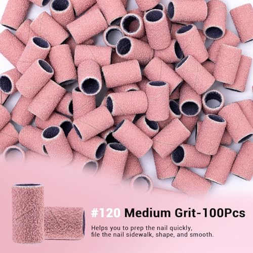 Image of MelodySusie 100 Pcs Nail Drill Bits Sanding Bands for Nail Drill 120 Medium Grit Nail File Sanding Bands for Acrylic Nails Gel Manicures and Pedicure, Pink