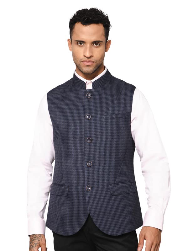 Men's Printed Navy Blue Mandarin Collar Waist Coat-image-41