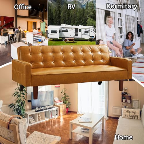 Image of Faux Leather Couch, Mid Century Modern Sofa with Memory Foam, Comfy 3 Seater Couch for Small Spaces, Living Room, Office, Brown