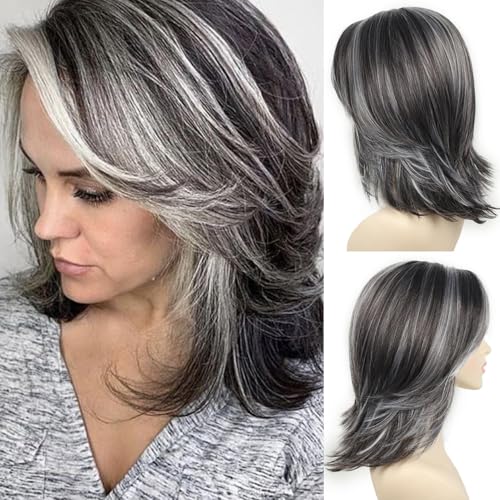 Luxclipse Layered Short Gray Wigs Human Hair with Wavy Curtain