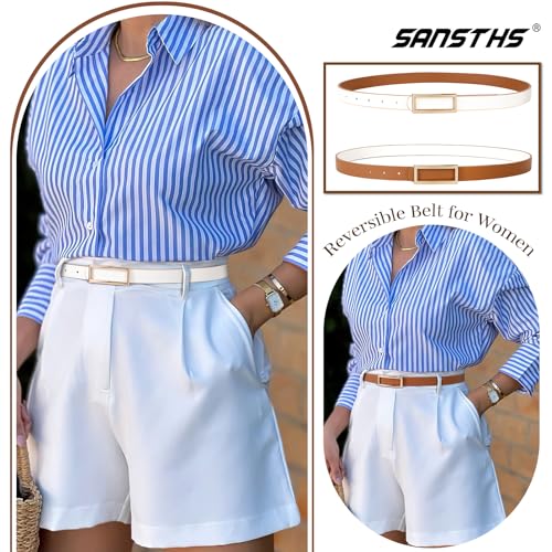 SANSTHS Skinny Reversible Belts for Women, Two-in-one Women Thin Belt for Dresses Jeans Pants with Gold Buckle