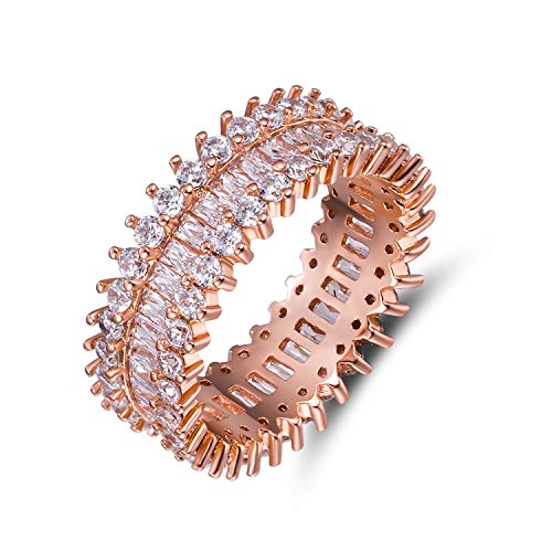 VOLUKA 18K Rose Gold Plated Cubic Zirconia Halo Wide Band Rings for Women Men Simulated Diamond Promise Gift Size 6