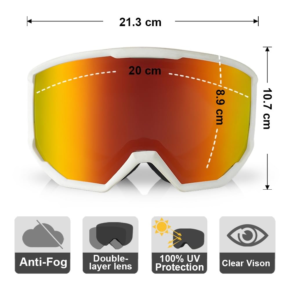 OTG Gogle narciarskie, podwójne soczewki, gogle narciarskie, snowboardowe, przeciwmgielne, ochrona przed promieniowaniem UV, dla mężczyzn i kobiet, kompatybilne z kaskiem