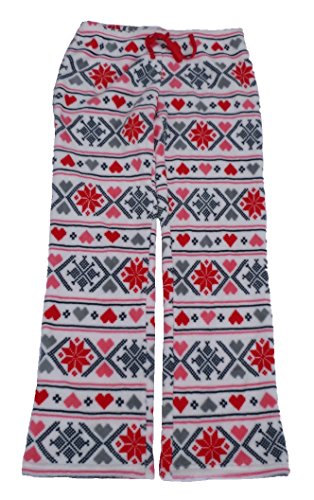 PJ Couture Womens Fleece Pajama Sleep Lounge Pants (Medium, White Fair Isle Snowflakes)