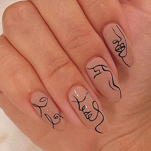 RikView Press on Nails Medium Length Glossy Fake Nails Oval Acrylic Nails with Graffiti Design