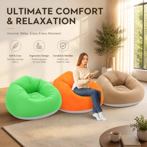 Image of 6 Pcs Inflatable Bean Bag Chairs with Foot Air Pump Outdoor Blow up Couch Folding Portable Inflatable Couch for Camping Movie Night, Lazy Sofa Chair (2 Coffee+2 Green+2 Orange)