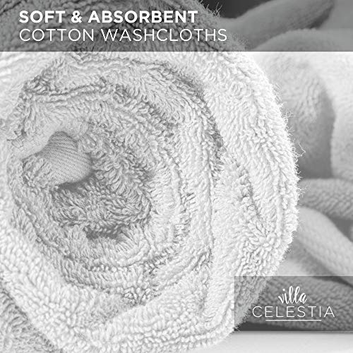 Image of Villa Celestia Cotton Washcloths Set of 12, 12x12 Inch, 100% Ring-Spun Combed Cotton, Soft Absorbent Quick-Dry Wash Cloths for Face and Body, Oeko-TEX Certified, Hotel & Spa Quality, White