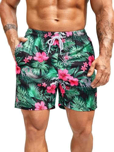 BEAUDRM Men's Tropical Print Swim Trunks Drawstring Elastic Waist Hawaiian Beach Shorts with Pockets Multicolor Medium