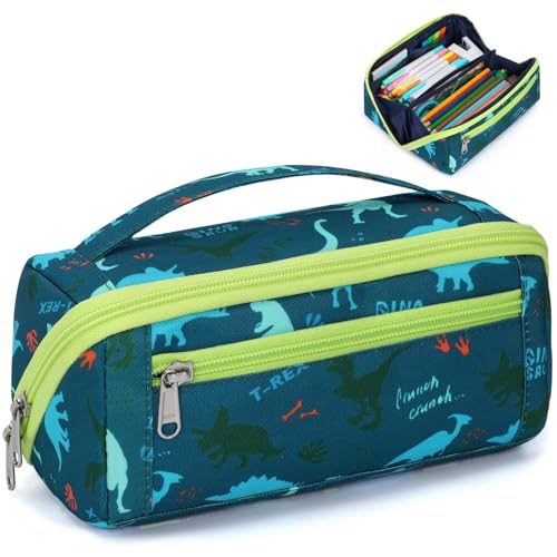 Image of Large Pencil Case for Boys, Durable Pencil Pouch for School, Wide Opening Soft Bag with Handle, Fits 50 Pens & Markers (Green Dinasour)