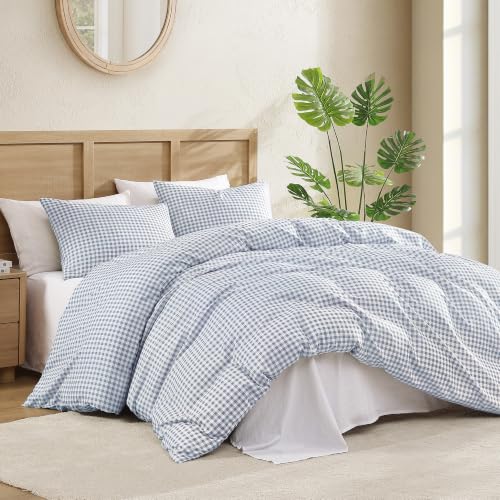 Image of Andency Gingham Duvet Cover King Size, Misty Blue Checkered Plaid Bedding Set, 3 Pieces Soft Prewashed Microfiber Comforter Cover with Zipper Closure & Corner Ties