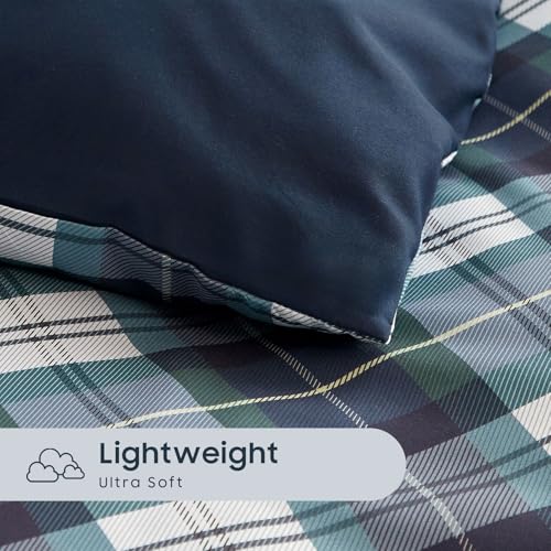 Image of Wake In Cloud - Plaid Comforter Set, Scottish Tartan Check Geometric Modern Pattern Printed, Soft Lightweight Bedding, 3 Pieces, Navy Green, Queen Size