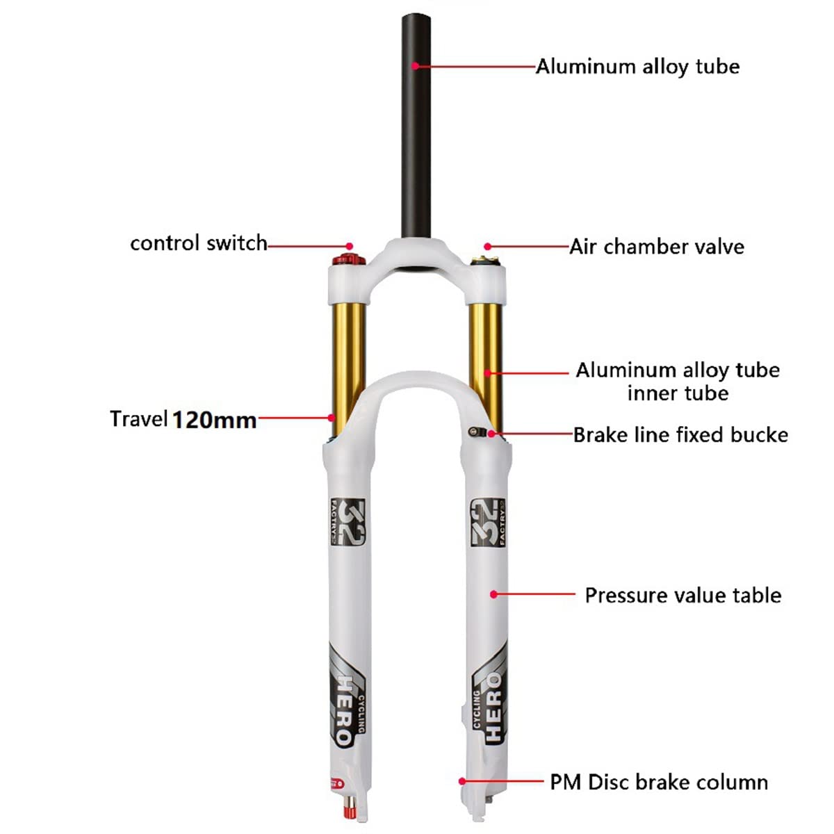 Widelec do rowerów górskich 26/27,5/29 cali z regulowanym odbiciem i skokiem sprężyny, 120 mm, stop aluminium, przedni widelec MTB, zawieszenie pneumatyczne 1-1/8", ręczne / zdalne sterowanie blokadą