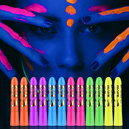 12 Pieces Luminous Crayons Face Paint Glow in The Dark UV Neon, Halloween Makeup Washable Face and Body Painting Crayon Non-Toxic Fluorescent Body Markers