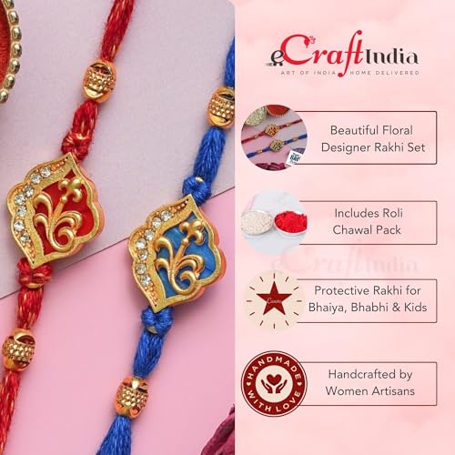Image of eCraftIndia Blue Orange Beautiful Floral Designer Rakhi Set of 2 | Rakhi for Brother Bhaiya Bhai with Best Bro Ever Fridge Magnet | Roli Chawal Pack