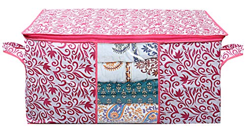 Image of Kuber Industries Leaf Design Non Woven 4 Pieces Underbed Storage Bag, Storage Organiser, Blanket Cover (Pink)-CTKTC025729