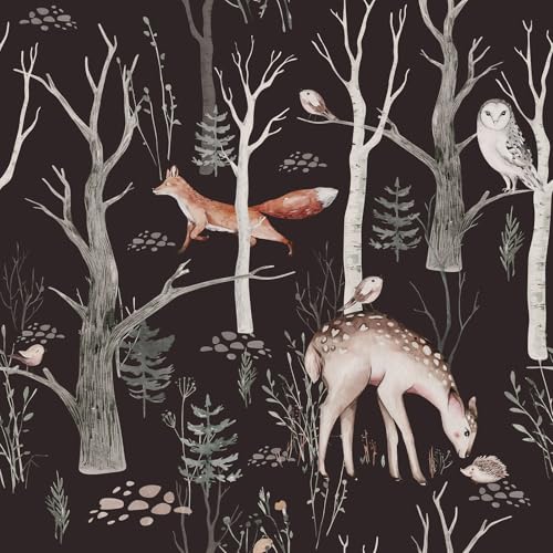 Livelynine Black Forest Wallpaper Peel and Stick Vintage Dark Night Forest Animal Wall Paper for Bedroom Bathroom Removable White Birch Tree 17.5x78.8 Forest Print Contact Paper for Classroom Drawers