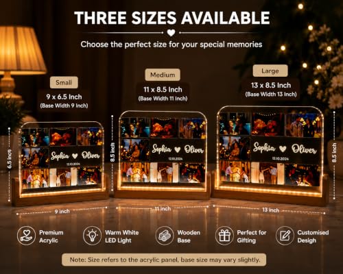 Image of Custom Photo Collage LED Lamp | Personalized Acrylic Night Lamp with Wooden Base | Photo Frame Light with Name | Couple Gift | u Shape (Large(13 * 8.5), u Shape)
