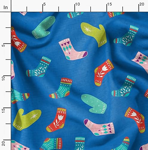 Image of Soimoi Blue Poly Georgette Fabric Socks & Gloves Folk Art Printed Craft Fabric by the Meter 52 Inch Wide
