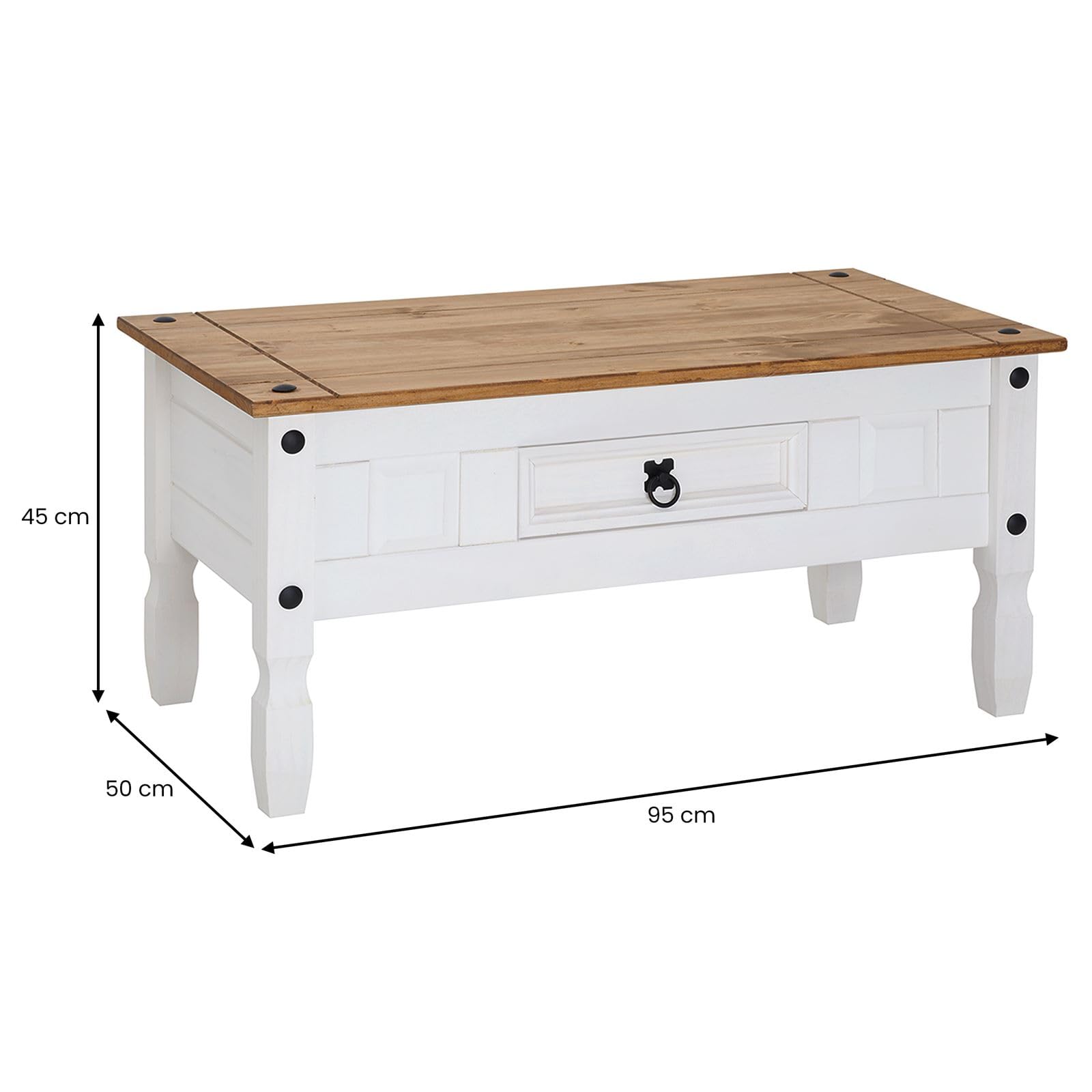 CARO-Möbel Couchtisch Campo im Mexiko-Stil Wohnzimmertisch Beistelltisch Kiefer massiv, braun/weiß lackiert mit 1 Schublade