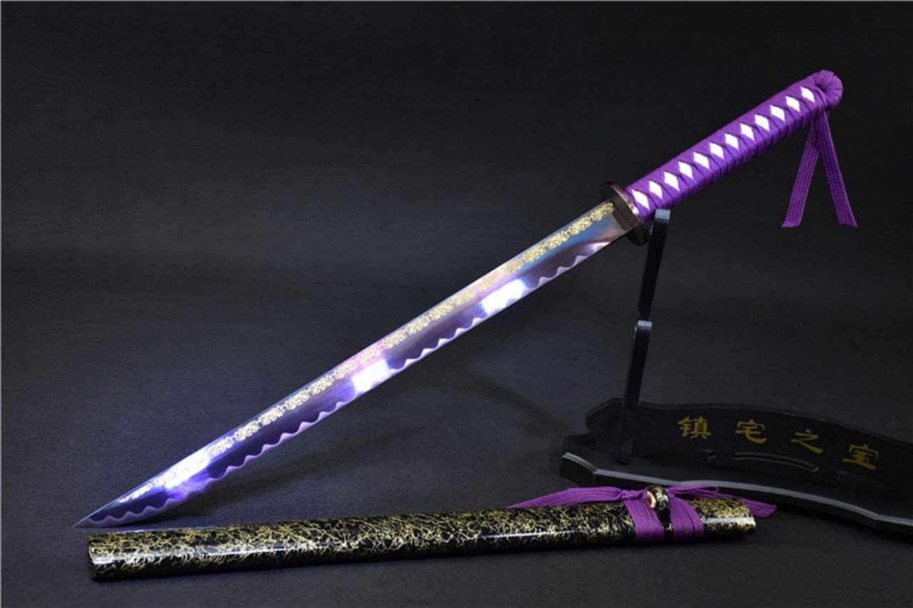 Purple Ninja Wakizashi Combat Ready High Manganese Steel Japanese Samurai Sword Full Tang Sharp Blade Engraved Gold Flowers Beautiful Knife Middle Length Katana