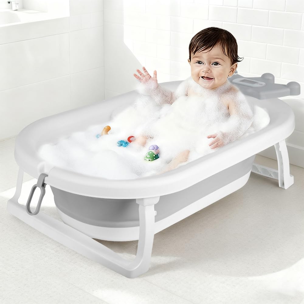 Homewell Vasca da bagno pieghevole per neonati con cuscino da bagno e termometro digitale, vasca da bagno per bambini per la casa e i viaggi, ideale per regalo di nascita, ragazza o ragazzo (corona)