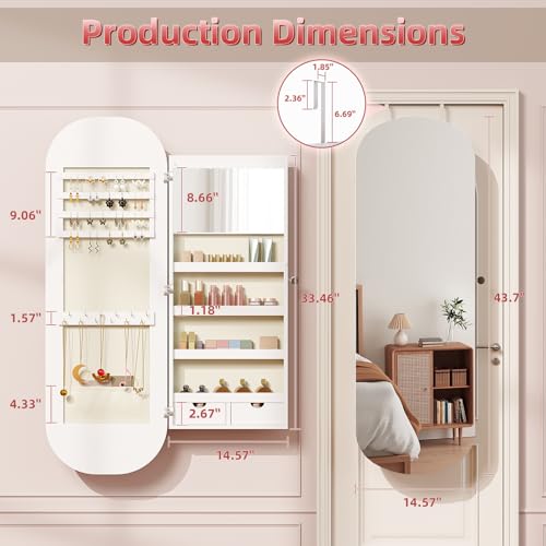 44'' Full Length Mirror Jewelry Cabinet, Lockable Wall-Mount or Door Hanging Jewelry Armoire with Interior Led Mirror & Storage Shelf, White2