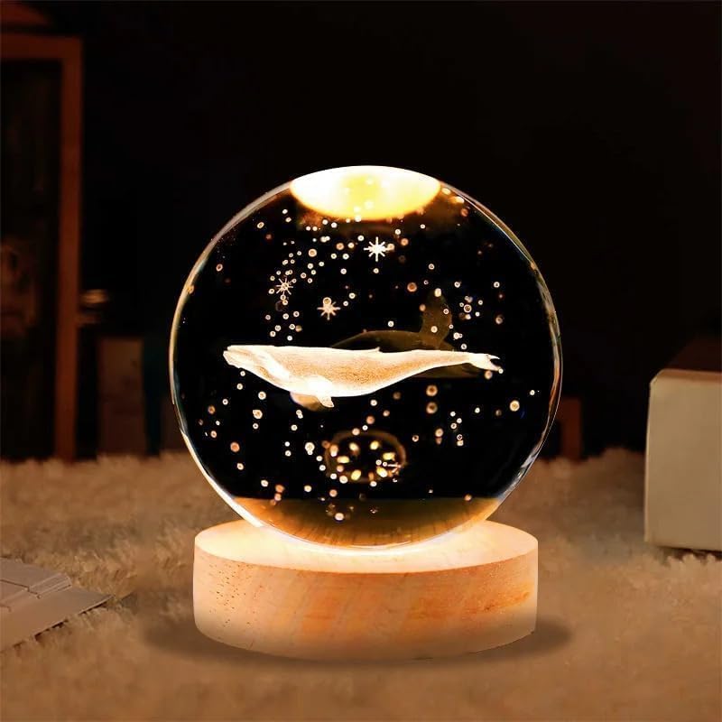 Image of COVACURE 3D Whale Crystal Ball Night Lamp, Crystal Ball Night Light with USB, LED Wooden Base Table Light for Bedroom Home Office Decoration Birthday Gift for Boys and Girls (3D Whale Lamp)