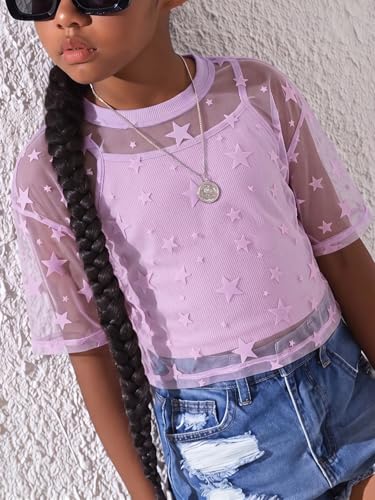 Image of BEAUDRM Girl's 2 Piece Set Star Graphic Sheer Mesh Shirt Crew Neck Short Sleeve Crop Top with Camisole
