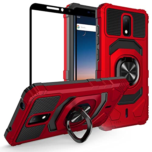 GORGCASE Case for Cricket Debut Case,AT&T Calypso 2 (U319AA),Cricket Debut 4G LTE(2021) w/Tempered Glass Screen Protector(Full Coverage) Shockproof Car Mount Ring Stand Protective Cover Red Black