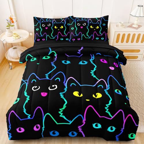 BERTSUCA 5 Pcs Cute Cat Twin Comforter Set for Girls, Soft Warm Lightweight Kids Comforter Bed in A Bag Twin Bedding Sets with Sheets