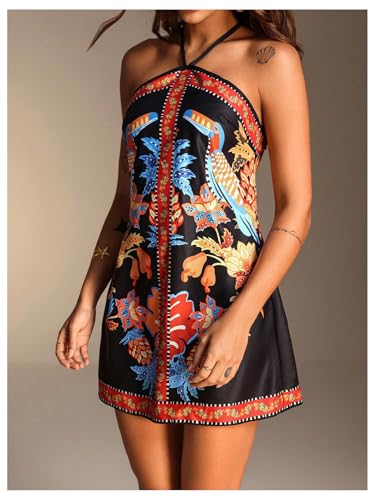 Image of RoseSeek Women's Floral Boho Dress Criss Cross Tie Backless Mini Dresses Halter A Line Sundress