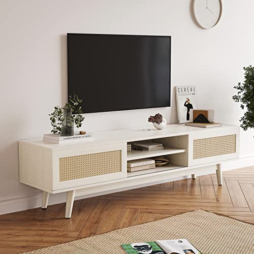 Soohow Wood Bedroom, 65" Farmhouse Unique Boho Wooden Coffee Entertainment Center Living Room Rattan Table, Tv Stand With Storage Media Console,White #TOP1
