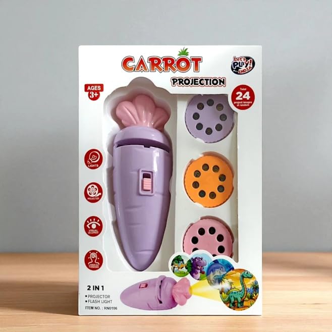 Carrot Projection Flashlight Toy for Kids | 2-in-1 Image Projector Torch with 24 Picture Slides | Educational Light Toy, Easy Switch Design | Fun Learning Gift for Boys & Girls Ages 3+
