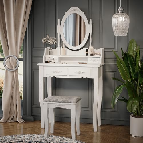 Vicco Coiffeuse Meghan, Blanc, 75cm avec Tabouret, avec Tabouret et Miroir Ovale fixé solidement