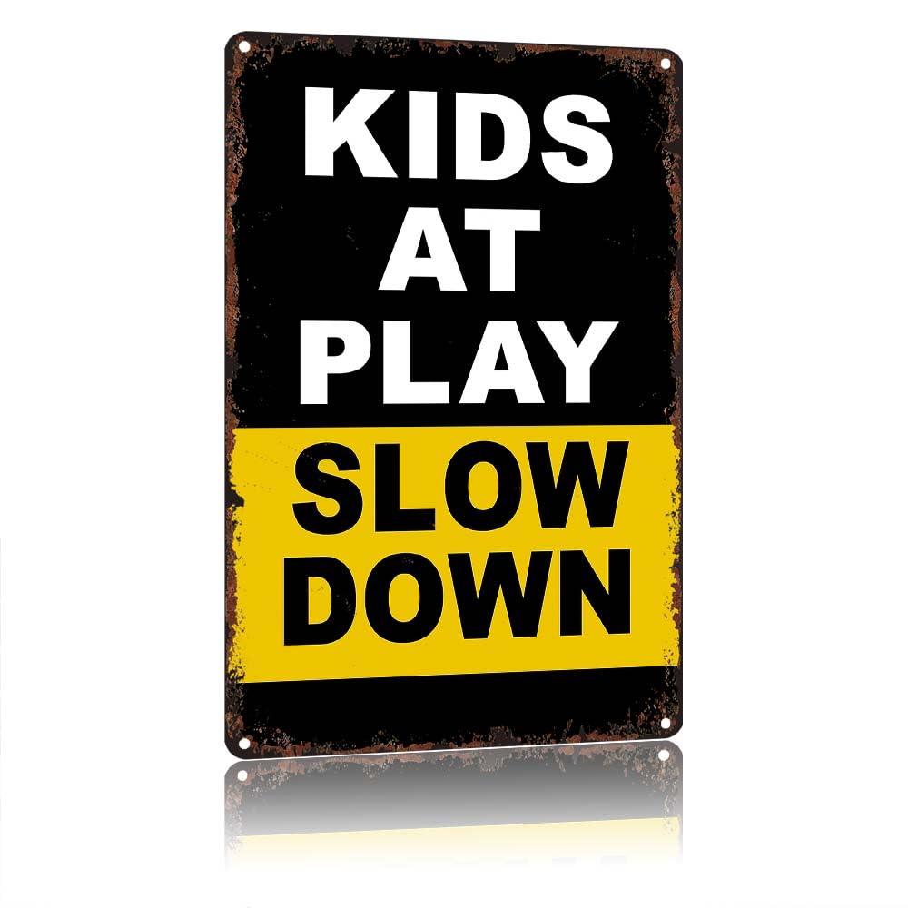 Kids At Play Slow Down Warning Sign, Vintage Aluminum Metal Tin Sign, 12X8 Inches, Retro Distressed Rusted Edge Wall Decor, Safety Reminder Sign For Neighborhood Street Driveway Entrance Outdoor Gara