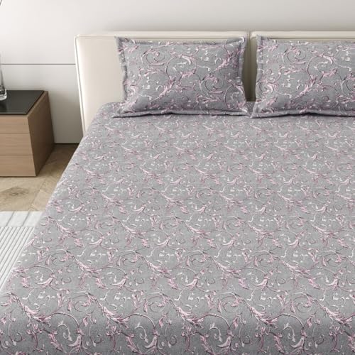 Image of Mafatlal 186 Tc Corsica Cotton Bedsheet King Size | 108 X 108 Inches | Breathable Summer Sheets for Sleeping Comfort | Pure Cotton Bedding with 2 Pillow Covers | Grey Matter
