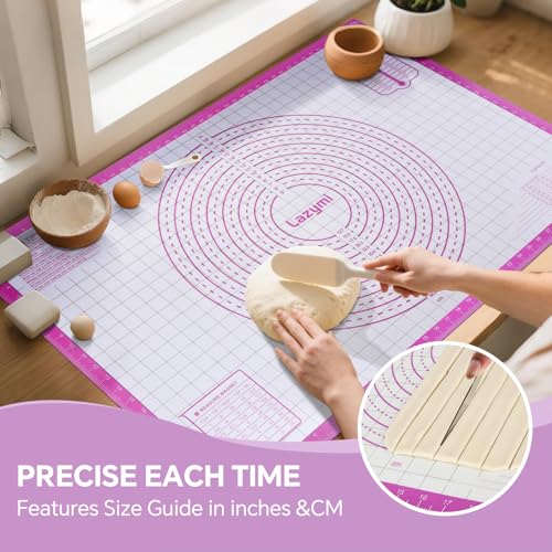 Lazymi Extra Große Backmatte Silikon: Antihafte Teigmatte 91x61cm - Rutschfeste Backunterlage Ausrollmatte für Teig - Teigunterlage mit Messung Silikonbackmatte für Fondant/Pizza/Brot Backen , Violett