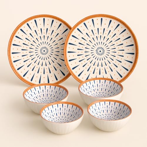 Image of YELONA Japanese Ceramic Dinnerware Set of 6 - (4 Bowls + 2 Plates) | Droplet Design | 300ml Bowls (11.5cm), 8-Inch Plates (20.5cm) | Microwave & Dishwasher Safe | Elegant Blue & Orange Glazed Finish