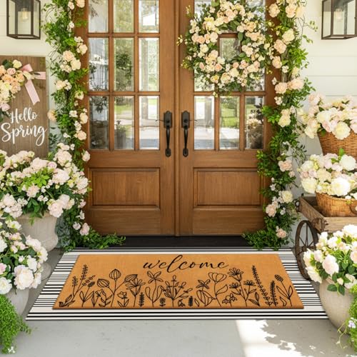 Tinideya 2 Pcs Summer Door Mat 17x47 Wildflowers Welcome Non Slip Spring Coir Mats Black White Plaid Large Floor Layering Flowers Doormats for Front Porch Entryway Decor